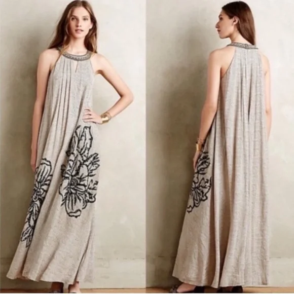 Anthropologie Ranna Gill Grandiflora Beaded Floral Brown Sleeveless Maxi  Dress L